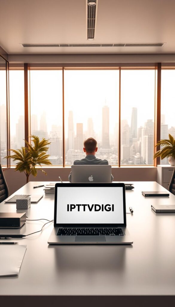 A professional, modern office workspace with a sleek, minimalist aesthetic. On the desk, a laptop displaying the "IPTVDIGI" logo, surrounded by various office supplies and devices. In the middle ground, a person sitting at the desk, intently focused on the laptop screen, signifying the process of becoming an IPTV reseller. The background features a large window overlooking a bustling city skyline, bathed in warm, natural lighting that fills the room. The overall mood is one of productivity, opportunity, and the embrace of technological innovation.