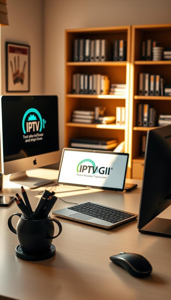 A professional, neatly organized office workspace with a laptop, desk accessories, and an IPTVDIGI logo prominently displayed. Warm, natural lighting illuminates the scene, creating a welcoming and productive atmosphere. The desk is neat and tidy, with a stylish monitor, keyboard, and mouse. In the background, shelves hold relevant books and documents, hinting at the reseller's expertise. The overall impression conveys the skills and professionalism required to succeed as an IPTV reseller in 2025.