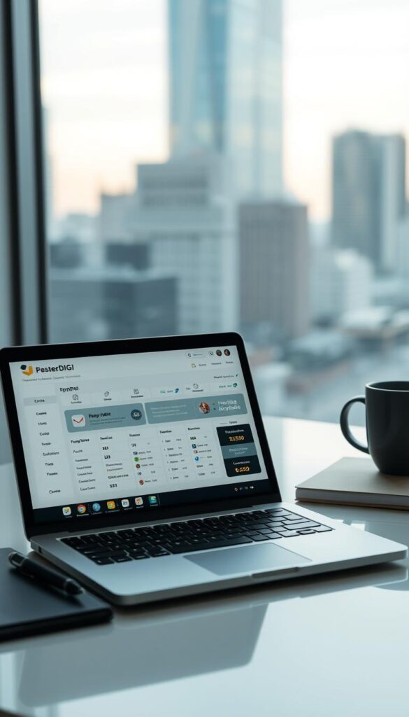 A professional, sleek and minimalist-style image showcasing the IPTVDIGI reseller program. In the foreground, display a modern laptop or tablet displaying the IPTVDIGI platform's dashboard, featuring clean typography, intuitive navigation, and detailed pricing and credit information. In the middle ground, include elegant office accessories like a pen, notebook, and coffee mug to convey a workspace aesthetic. The background should have a subtle gradient or blurred cityscape to provide a sense of professionalism and digital infrastructure. Lighting should be soft and diffused, with a cool color temperature to evoke a contemporary, tech-savvy atmosphere. Shoot the scene from a slightly elevated angle to create depth and emphasize the program's features.