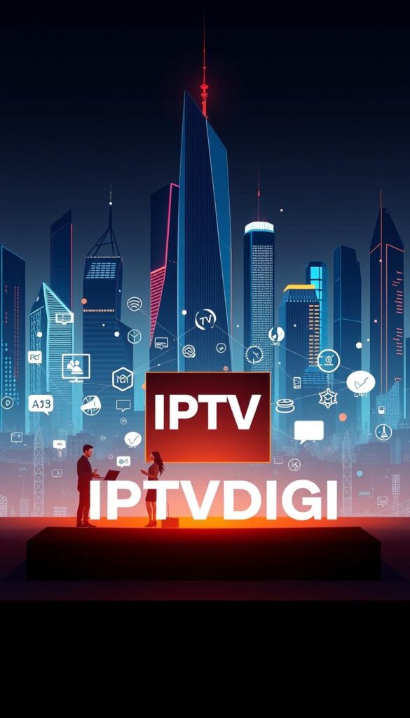 A professional, sleek, and modern-looking illustration of "IPTV Reseller Services" featuring the brand name "IPTVDIGI". The image should have a clean, minimal, and high-tech aesthetic, showcasing the key elements of an IPTV reseller business. In the foreground, prominently display the IPTVDIGI brand logo, rendered in a bold, eye-catching font. Surrounding the logo, depict various IPTV-related icons and symbols, such as satellite dishes, streaming devices, and network diagrams, to convey the core services offered. In the middle ground, visualize a team of IPTV resellers working together, collaborating on their devices and discussing strategies. Use a warm, professional lighting setup to create a sense of productivity and teamwork. In the background, create a sleek, futuristic cityscape with towering skyscrapers and a vibrant, neon-lit skyline, suggesting the global scale and technological sophistication of the IPTV reseller industry. Maintain a clean, uncluttered composition with a focus on simplicity and