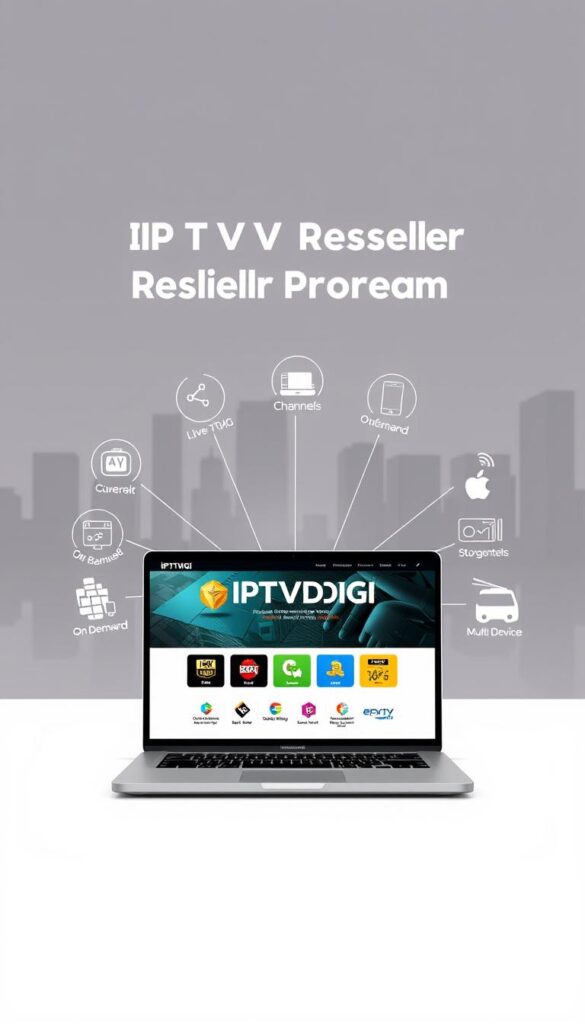 A professional, sleek, and modern-looking illustration of an IPTV reseller program. The image should feature a laptop or desktop computer in the foreground, displaying the IPTVDIGI brand and website on the screen. In the middle ground, various icons and graphics representing the key features and benefits of the IPTV reseller program, such as live TV channels, on-demand content, and multi-device support. In the background, a minimalist cityscape or office setting, conveying a sense of a thriving, tech-savvy business environment. The overall tone should be one of professionalism, reliability, and technological sophistication.