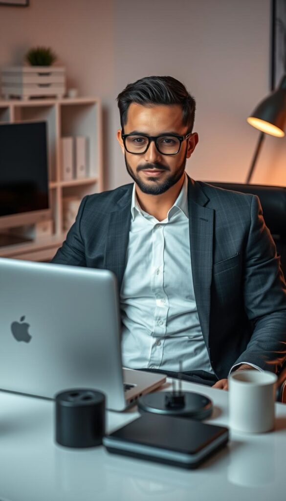 A professional, well-dressed and confident individual sitting at a desk, surrounded by modern office equipment and a stylish, minimalist decor. The person is intently focused on a laptop screen, conveying a sense of expertise and reliability as an IPTVDIGI reseller. Soft, warm lighting creates a cozy, inviting atmosphere, while the overall composition suggests a successful, thriving small business. The scene exudes a sense of professionalism, trustworthiness and attention to detail.