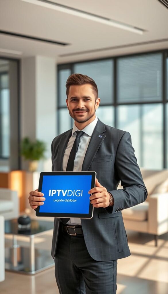 A professional, well-dressed individual standing confidently in a modern, well-lit office setting. The person is holding a tablet displaying the IPTVDIGI logo, signifying their role as a legitimate IPTV distributor. The office environment features sleek furniture, large windows, and a clean, minimalist aesthetic, conveying a sense of professionalism and authority. Soft, directional lighting from the side creates depth and highlights the subject's features, while a shallow depth of field blurs the background, keeping the focus on the IPTV distributor. The overall mood is one of authority, expertise, and a forward-thinking approach to the evolving IPTV reselling landscape.