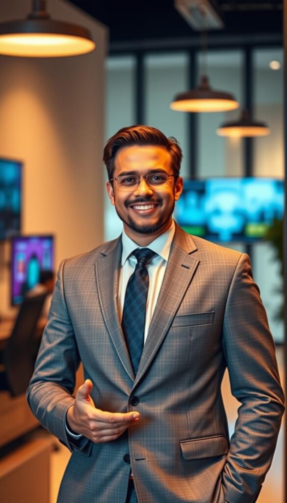 A professional, well-dressed individual standing in a modern, well-lit office setting, confidently presenting the IPTVDIGI brand and its IPTV reseller services. The scene is captured with a shallow depth of field, putting the subject in sharp focus while the background is slightly blurred. The lighting is warm and directional, creating subtle shadows that accentuate the subject's features and convey a sense of authority and expertise. The individual's expression is welcoming, reflecting the reliable and trustworthy nature of the IPTVDIGI reseller platform.