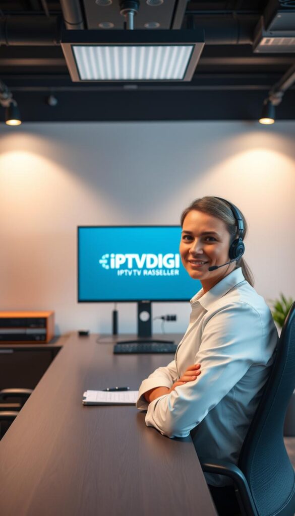 A professional, well-equipped IPTV reseller support desk set against a modern, minimalist office backdrop. On the desk, the IPTVDIGI logo is prominently displayed on a sleek, high-resolution monitor. The room is bathed in warm, directional lighting that creates a sense of professionalism and competence. In the foreground, a knowledgeable support agent is seated, ready to assist customers with a calm, reassuring demeanor. The overall atmosphere conveys a reliable, customer-centric IPTV reseller business.