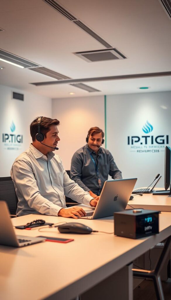 A professional, well-lit office setting showcasing the IPTVDIGI brand. In the foreground, a customer service representative in a crisp, collared shirt assists an IPTV reseller, their expressions conveying a sense of collaborative problem-solving. The middle ground features a modern, minimalist desk with a laptop, headset, and other reseller support tools. The background depicts a clean, contemporary workspace with subtle branding elements, conveying IPTVDIGI's commitment to quality and customer success. Warm, directional lighting from overhead sources creates depth and highlights the professionalism of the scene.