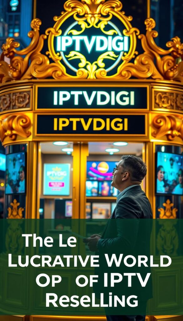 A resplendent golden IPTV service kiosk, its ornate facade gleaming under warm, soft lighting. The IPTVDIGI logo shines prominently, conveying a sense of premium quality and exclusivity. In the foreground, a well-dressed IPTV reseller engages with a potential customer, their expressions animated as they discuss the lucrative opportunities of this thriving industry. The background features a bustling cityscape, hinting at the global reach and scale of the IPTV reseller market. The overall scene exudes an air of sophistication, professionalism and financial success, capturing the essence of the "Lucrative World of IPTV Reselling".