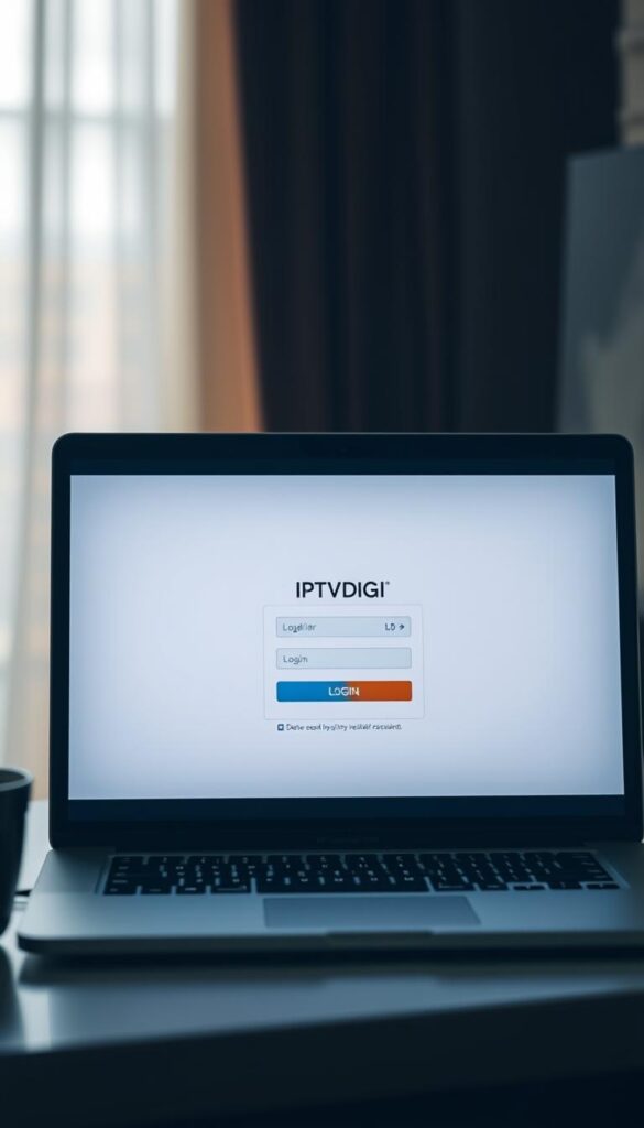 A secure and sleek IPTV reseller login panel displayed on a laptop screen, illuminated by soft, directional lighting that casts subtle shadows. The interface features the IPTVDIGI brand name prominently, with clean, minimalist design elements and intuitive user controls. The background is a blurred, out-of-focus scene, creating a sense of focus on the login interface. The overall mood is professional, trustworthy, and visually appealing, reflecting the secure and reliable nature of the IPTV reseller service.
