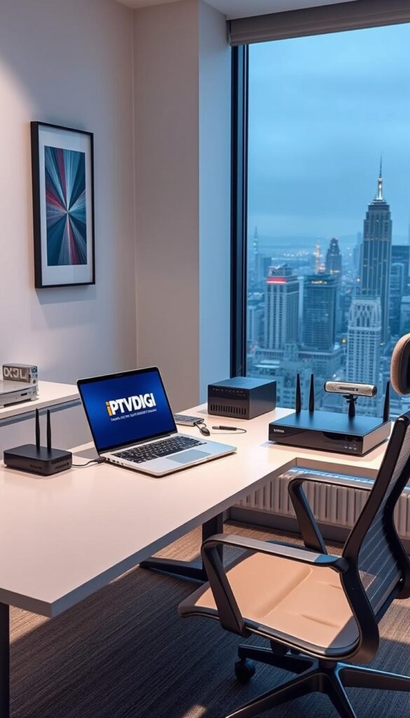 A serene office setting with a sleek, modern desk and ergonomic chair. On the desk, a laptop displaying the IPTVDIGI logo, surrounded by various networking devices like modems, routers, and a high-end webcam. The room is well-lit, with soft, diffused lighting from a large window overlooking a bustling city skyline. The walls are adorned with minimalist decor, conveying a sense of professionalism and reliability. The overall atmosphere is one of efficiency, technology, and trustworthiness, perfectly capturing the essence of a top-tier IPTV reseller program.