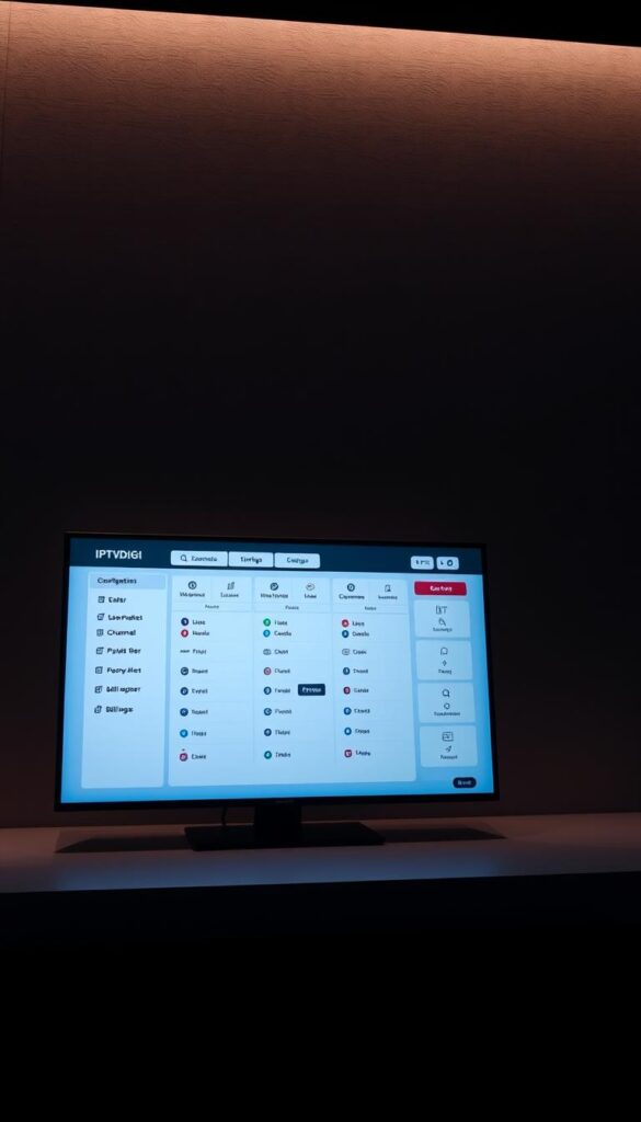 A sleek and intuitive IPTV reseller panel, branded as "IPTVDIGI", showcased in a sophisticated, dimly lit setting. The panel displays a clean, streamlined interface with various configuration options, including user management, channel selection, and billing details. The background features a subtle, textured wall, creating a professional and modern atmosphere. Soft, directional lighting from the side illuminates the panel, casting dramatic shadows and highlighting its features. The overall scene conveys a sense of efficiency, control, and the tools necessary for a successful IPTV reselling business.