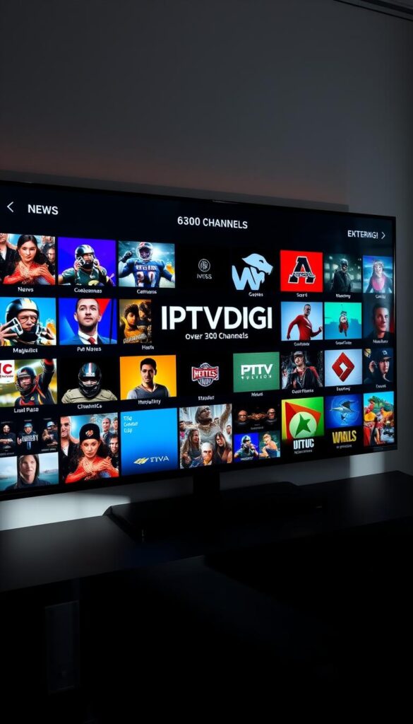 A sleek and modern IPTV channel selection interface, showcasing the extensive lineup of over 300 channels on the IPTVDIGI platform. The display features a clean grid layout with vibrant, high-definition thumbnails of various channel categories, including news, sports, movies, and entertainment. The interface is highlighted by a prominent IPTVDIGI logo, conveying a sense of professionalism and reliability. The scene is illuminated by soft, directional lighting, casting subtle shadows and creating a balanced, visually appealing composition. The overall mood is one of sophistication and user-friendliness, inviting the viewer to explore the comprehensive channel selection offered by IPTVDIGI.