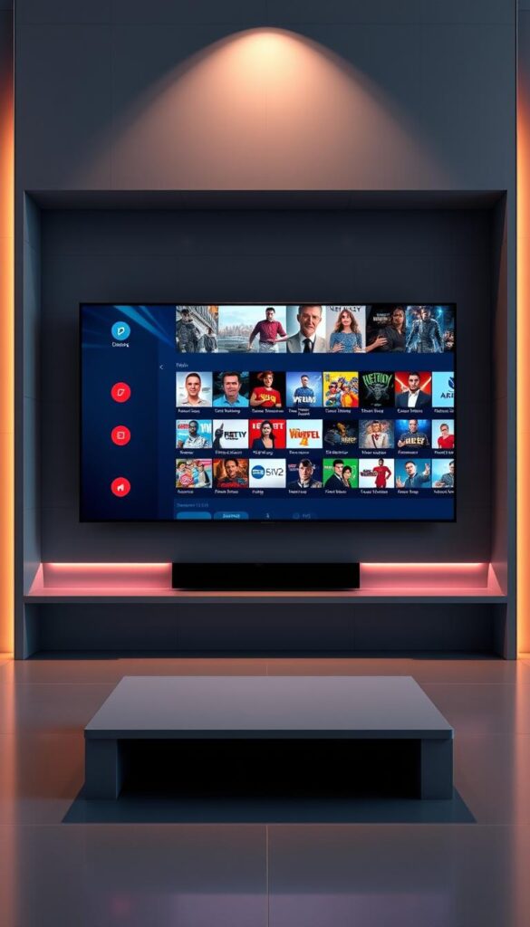 A sleek and modern IPTV content display showcasing the exceptional library of IPTVDIGI. A large, high-resolution screen dominates the center, displaying a diverse range of premium channels and on-demand content. The screen is set against a minimalist, gray background, with clean lines and a hint of metallic accents. Subtle lighting from above casts a warm, cinematic glow, highlighting the vibrant, crisp imagery on the display. The overall composition exudes a sense of professionalism, quality, and technological sophistication, reflecting the capabilities of the IPTVDIGI platform.