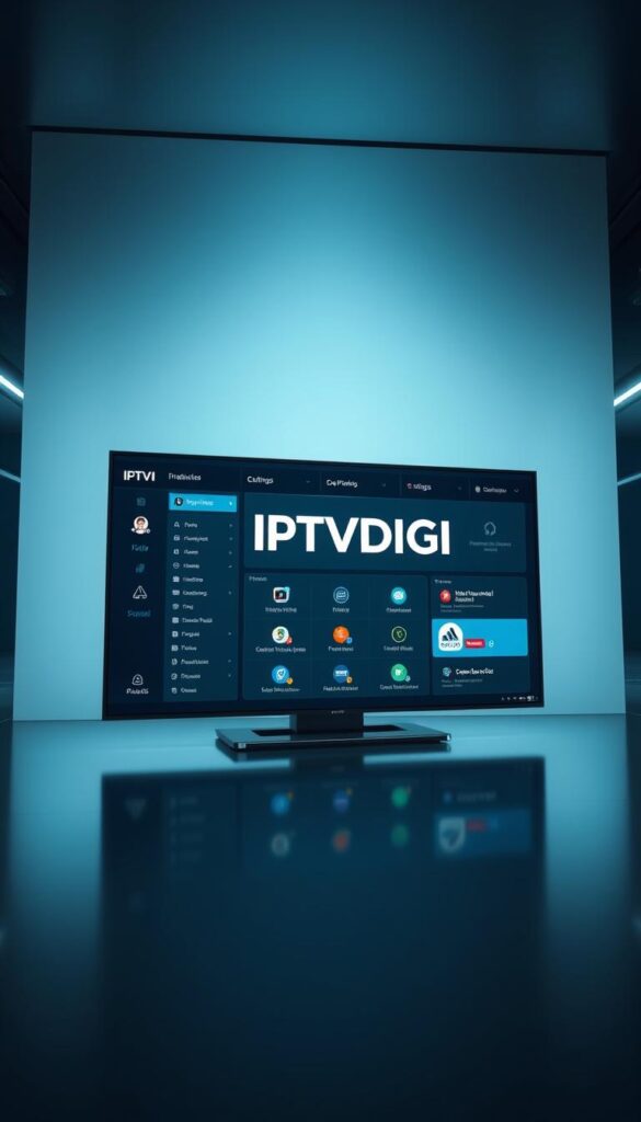 A sleek and modern IPTV panel interface, showcasing the IPTVDIGI brand prominently displayed on a large screen. The panel features a clean, intuitive layout with various options and settings for managing an IPTV reselling business. The background is a minimalist, high-tech environment with subtle lighting and reflections, creating a professional and trustworthy atmosphere. The overall composition emphasizes the panel's user-friendly design and the IPTVDIGI brand's prominence as a leading IPTV panel provider worldwide.