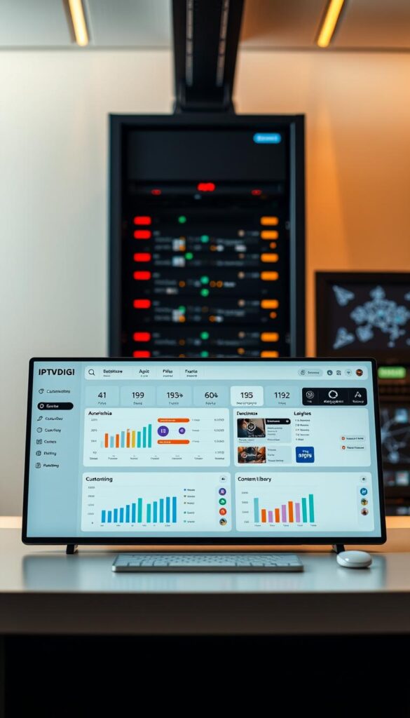 A sleek and modern IPTV reseller dashboard, showcasing the IPTVDIGI brand. The foreground features a clean, intuitive interface with user-friendly controls and real-time analytics. The middle ground highlights customizable widgets for subscriber management, content library, and billing. In the background, a sophisticated server infrastructure and network visualizations convey the power and reliability of the IPTV platform. Warm, indirect lighting creates a professional and trustworthy atmosphere, while the minimalist design and muted color palette exude a sense of sophistication and expertise.