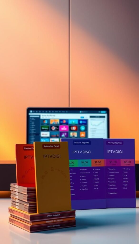 A sleek and modern IPTV reseller packages display, featuring the IPTVDIGI brand. In the foreground, a minimalist stack of colorful packages showcasing different subscription plans, their prices, and key features like HD streaming, channel counts, and device compatibility. The middle ground shows a sophisticated laptop or tablet device displaying the IPTVDIGI reseller panel, with a clean and intuitive user interface. In the background, a subtle geometric pattern creates a sense of depth and professionalism. Warm, directional lighting casts a soft, inviting glow over the scene, conveying a sense of reliability and affordability for the IPTV reseller services.