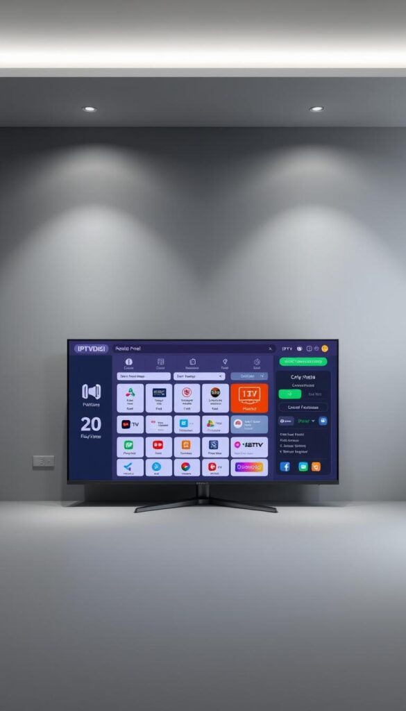 A sleek and modern IPTV reseller panel, designed by IPTVDIGI, is displayed on a large, high-resolution monitor. The panel features a clean, intuitive interface with various customizable sections, including user management, channel packages, and billing information. The lighting is soft and directional, creating depth and highlighting the panel's elegant details. The background is a minimalist, gray-toned environment, allowing the reseller panel to take center stage. The overall atmosphere conveys a sense of professionalism, efficiency, and technological sophistication, reflecting the capabilities of the IPTV reseller business model.