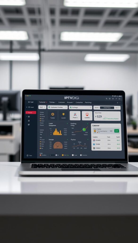 A sleek and modern IPTV reseller panel interface, displayed on a laptop screen against a blurred background of office desks and computer equipment. The panel features the branding "IPTVDIGI" prominently at the top, with a clean and intuitive dashboard showcasing key metrics, customer management tools, and reseller account controls. The lighting is soft and even, accentuating the panel's elegant design and drawing the viewer's attention to the core functionality. The camera angle is slightly elevated, providing a professional and authoritative perspective on the reseller's workspace.