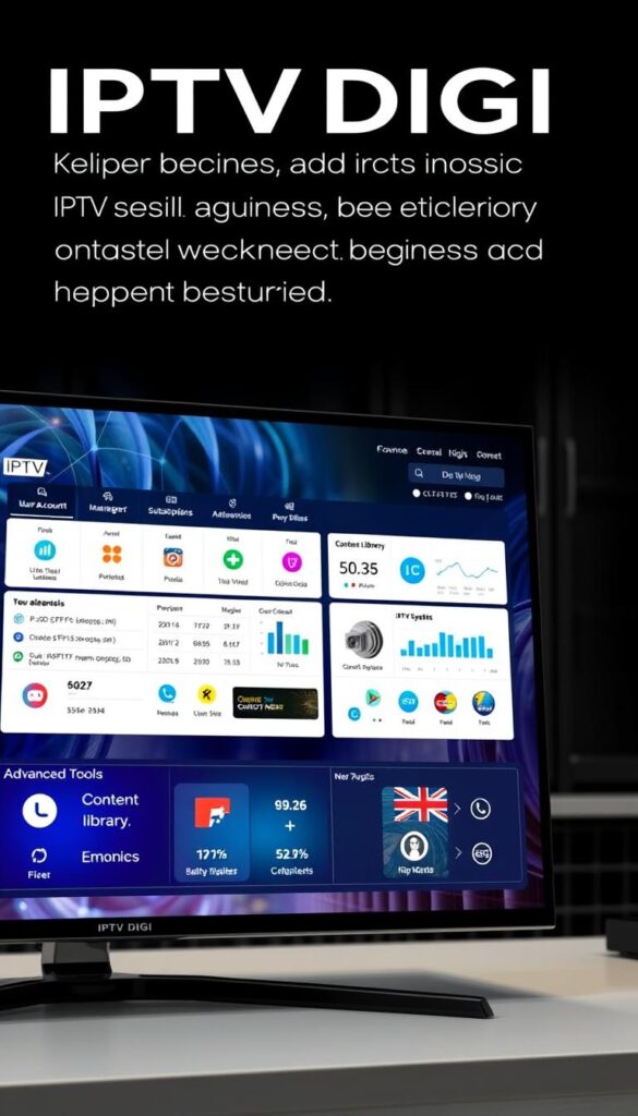 A sleek and modern IPTV reseller panel interface, featuring the IPTVDIGI brand logo prominently displayed. The panel is showcased on a high-resolution display, with a clean and intuitive dashboard layout. The foreground highlights key management features such as user account creation, subscription plans, and real-time analytics. The middle ground showcases advanced tools for managing content libraries, scheduling updates, and monitoring system health. The background subtly depicts a network infrastructure, hinting at the robust technology powering the reseller platform. The overall scene conveys a sense of professionalism, efficiency, and the ability to effectively grow and manage an IPTV reseller business.