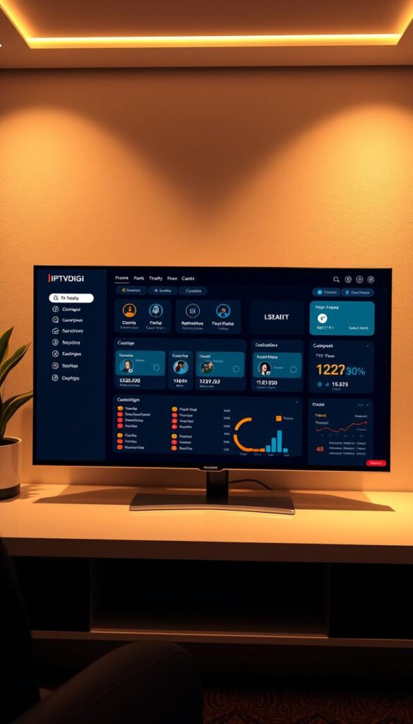 A sleek and modern IPTV reseller panel interface, featuring the brand name "IPTVDIGI" prominently displayed. The panel showcases a clean dashboard with intuitive navigation, displaying client management tools, subscription details, and real-time analytics. The layout is well-organized, with a dark color scheme and subtle accent colors, creating a professional and polished aesthetic. The panel is illuminated by warm, directional lighting, casting soft shadows and highlighting the various interactive elements. The scene is captured from a slightly elevated angle, providing a comprehensive view of the user-friendly interface, designed to empower IPTV resellers to manage their businesses efficiently.