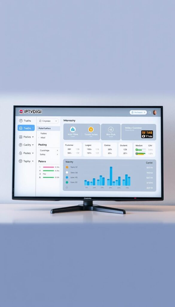 A sleek and modern IPTV reseller panel interface, showcasing the IPTVDIGI brand prominently. The panel features a clean, minimalist design with intuitive navigation, displaying key metrics and customer management tools. Soft lighting illuminates the interface, creating a professional and trustworthy atmosphere. The panel is presented from a slightly elevated, frontal angle, allowing for a comprehensive view of its features and functionalities. The background is subtly blurred, keeping the focus on the elegant IPTV reseller panel.