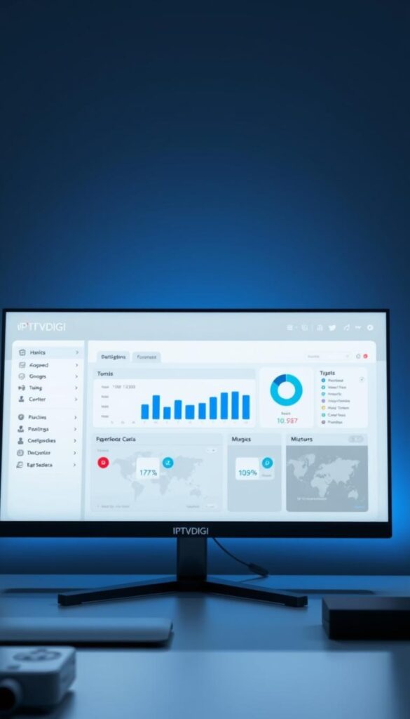 A sleek and modern IPTV reseller panel interface, showcasing the IPTVDIGI brand. In the foreground, a clean dashboard displays key metrics and management tools, with intuitive icons and a minimalist design. The middle ground features a side menu with customizable options, allowing the reseller to tailor the panel to their needs. In the background, a subtle gradient or pattern creates a professional, yet visually appealing backdrop. The overall atmosphere conveys efficiency, organization, and a user-friendly experience for IPTV resellers, captured through a well-lit, high-resolution rendering with a focus on showcasing the panel's key features.