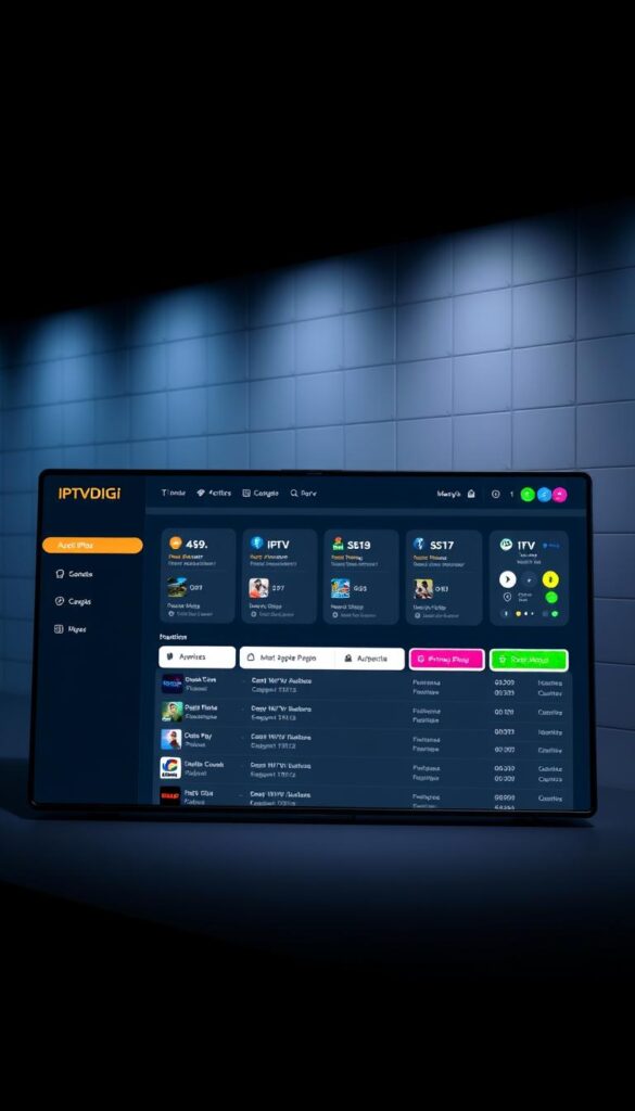 A sleek and modern IPTV reseller panel interface, showcasing the IPTVDIGI brand. The panel features a clean, minimalistic design with a dark color scheme and vibrant accent colors. The foreground displays a dashboard with real-time analytics, customer management tools, and intuitive navigation. The middle ground presents a list of available IPTV packages and subscription options. In the background, a subtle grid pattern creates a sense of depth and organization. Soft, directional lighting illuminates the panel, creating a professional and trustworthy atmosphere. The overall impression conveys a powerful, user-friendly platform for IPTV resellers to manage their business effectively.