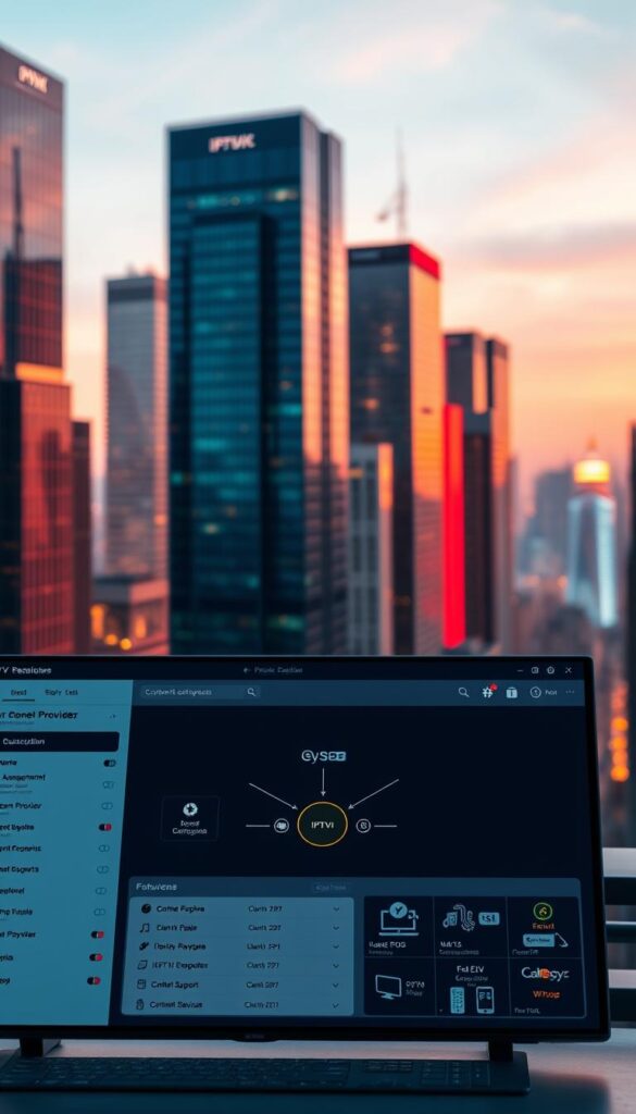 A sleek and modern IPTV reseller platform, IPTVDIGI, showcasing a clean dashboard with intuitive controls. In the foreground, a user-friendly interface displays subscription management, payment processing, and customer support features. The middle ground features a network topology diagram, illustrating the seamless integration of content providers, servers, and client devices. In the background, a cityscape with towering skyscrapers and a vibrant, neon-lit skyline sets the scene for this innovative IPTV reseller solution. The lighting is crisp and directional, creating depth and highlighting the key elements. Captured through a wide-angle lens, the image conveys a sense of power, efficiency, and the future of IPTV reselling.