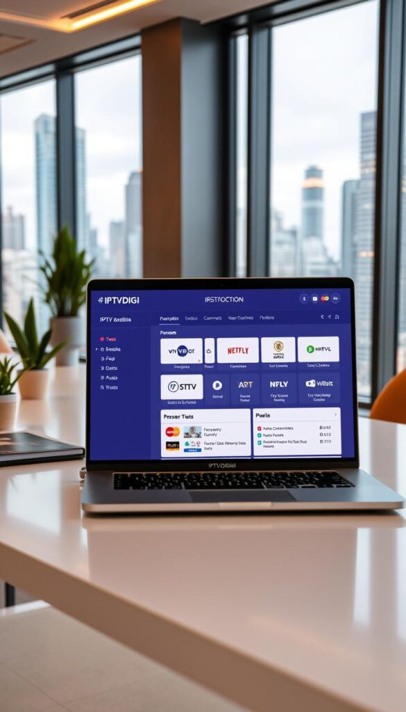 A sleek and modern IPTV reseller portal, branded as "IPTVDIGI", displayed on a stylish laptop. The portal features a clean and intuitive interface, with clear menu options for managing subscriptions, adding channels, and monitoring user activity. The backdrop is a sophisticated office setting, with a minimalist desk, potted plants, and a large window overlooking a bustling city skyline. Soft, warm lighting creates a professional and inviting atmosphere, while the screen's crisp visuals and responsive design showcase the portal's premium features and user-friendly experience.