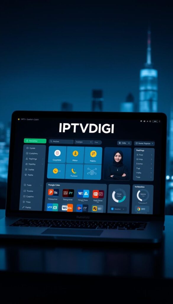A sleek and modern IPTV reseller solution interface, featuring the brand name "IPTVDIGI" prominently displayed. The UI showcases a clean, intuitive dashboard with easy-to-navigate menus, clear analytics, and seamless subscriber management tools. The interface is bathed in a cool, sophisticated color palette, with subtle gradients and minimalist iconography. In the foreground, a laptop screen displays the IPTVDIGI platform, while in the background, a subtle cityscape or technology-inspired landscape provides a sophisticated, urban-inspired setting. The overall atmosphere conveys a sense of professionalism, efficiency, and cutting-edge technology catered towards the IPTV reseller industry.