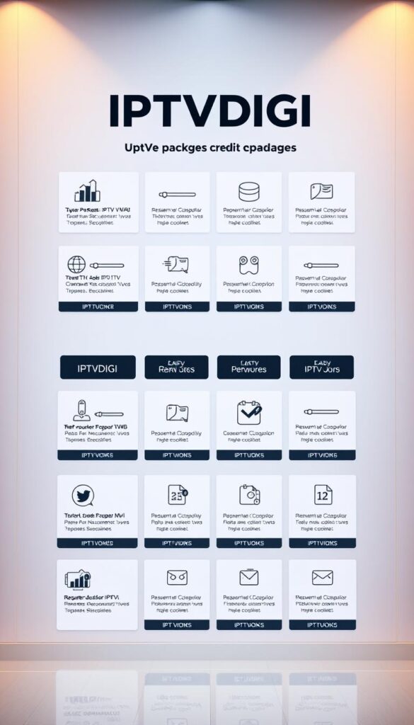 A sleek and modern IPTVDIGI branded interface showcasing a variety of IPTV reseller credit package options. The display features stylized icons, sliders, and toggles against a clean, minimalist background. Warm, directional lighting creates depth and highlights the detailed product information. The layout is well-organized, guiding the viewer's eye through the various tiers and features of the credit packages. An overall professional, high-tech aesthetic conveys the reliable and trustworthy nature of the IPTVDIGI reseller service.