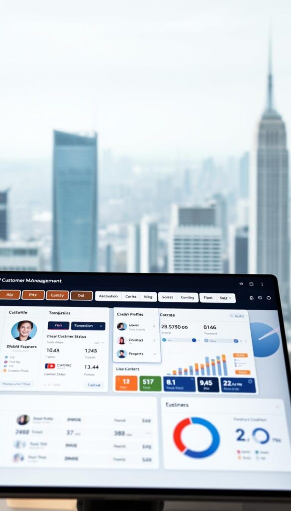 A sleek and modern IPTVDIGI customer management dashboard, showcasing a clean user interface with intuitive controls. In the foreground, a large display presents detailed customer profiles, subscription status, and usage analytics. The middle ground features a sidebar navigation menu, highlighting various management functions such as billing, support, and content curation. The background subtly depicts a cityscape, conveying a sense of a thriving IPTV reseller business. The lighting is soft and natural, creating a professional and trustworthy atmosphere. The camera angle is slightly elevated, providing an overview of the dashboard's functionality and design.