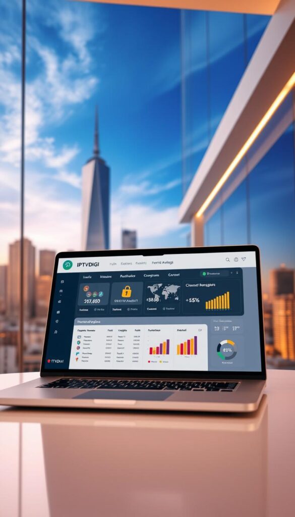 A sleek and modern IPTVDIGI reseller dashboard displayed on a laptop screen, set against a backdrop of a cityscape with skyscrapers and a vibrant blue sky. The dashboard showcases intuitive user interface elements, channel management tools, and real-time analytics, all illuminated by warm, directional lighting that creates a professional and inviting atmosphere. The scene conveys a sense of efficiency, control, and the potential for business growth in the IPTV reseller industry.