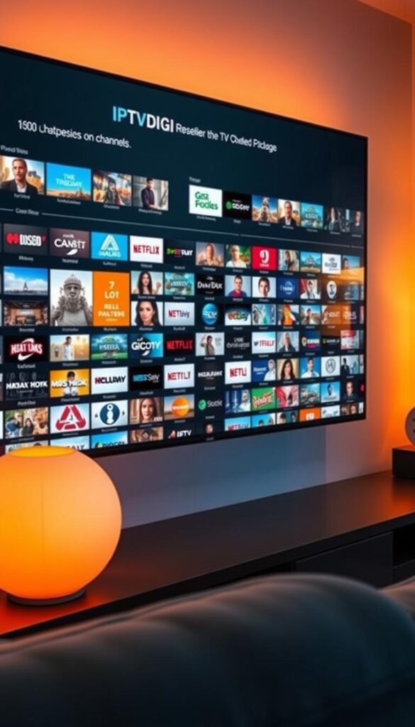 A sleek and modern IPTVDIGI reseller package interface, showcasing a vast content library of over 21,000 live TV channels and 150,000 on-demand videos. The display is crisp and visually appealing, with a clean layout that highlights the sheer scale and variety of the available content. Warm lighting bathes the scene, creating a cozy and inviting atmosphere. The camera angle is slightly elevated, providing a comprehensive view of the package's features and creating a sense of depth and professionalism. The overall impression is one of an impressive, high-quality IPTV service that caters to a wide range of user preferences and entertainment needs.