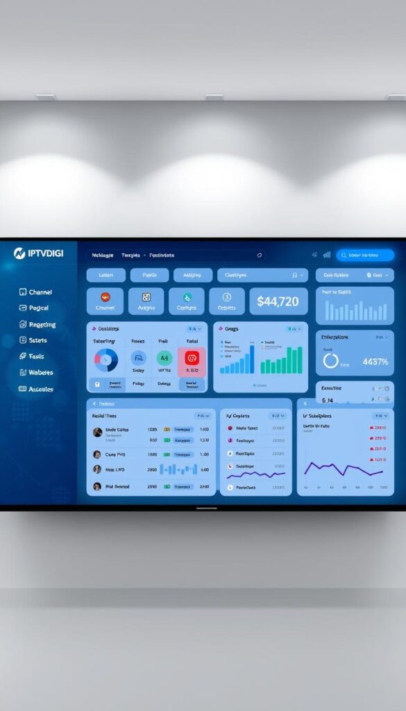 A sleek and modern IPTVDIGI reseller panel interface, showcasing a clean and intuitive dashboard with customizable widgets and metrics. The panel features a sophisticated color scheme of blues and grays, with subtle textures and gradients adding depth and sophistication. In the foreground, a comprehensive channel and package management system, allowing resellers to easily configure and customize IPTV offerings. The middle ground displays detailed user and subscription analytics, providing valuable insights for optimizing the resale business. In the background, a secure payment gateway and billing integration, seamlessly handling transactions and customer accounts. Soft, directional lighting illuminates the panel, creating a professional and trustworthy atmosphere for IPTV resellers.