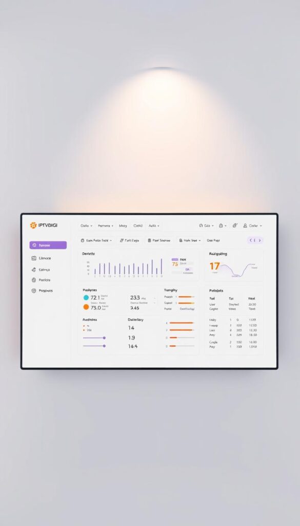 A sleek and modern IPTVDIGI reseller panel interface, showcasing a clean dashboard with intuitive navigation. The panel features a minimalist design with a focus on functionality, displaying key metrics and user management tools. The background has a subtle gradient, creating a sense of depth and sophistication. Soft lighting from above casts a warm glow, highlighting the panel's responsive layout and streamlined controls. The overall impression is one of a reliable, secure, and user-friendly platform for IPTV resellers to manage their operations effectively.