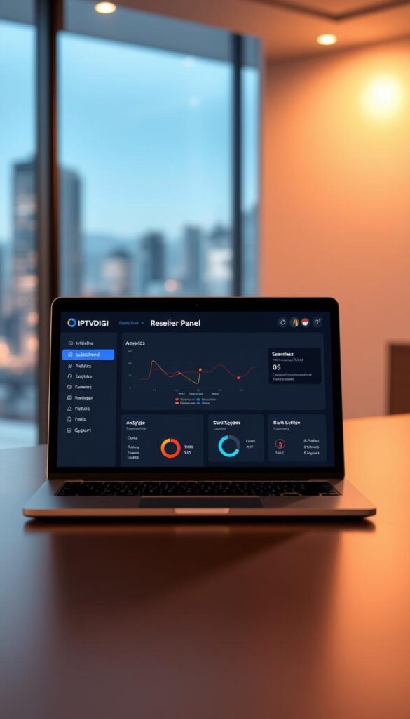 A sleek and modern IPTVDIGI reseller panel interface, showcasing an intuitive dashboard with real-time analytics, seamless subscription management, and a robust customer support system. The panel is illuminated by warm, diffused lighting, creating a professional and trustworthy atmosphere. In the foreground, a laptop displays the reseller panel, its minimalist design and clean layout highlighting the platform's reliability and efficiency. The background features a blurred cityscape, symbolizing the growing opportunities in the IPTV reselling industry.