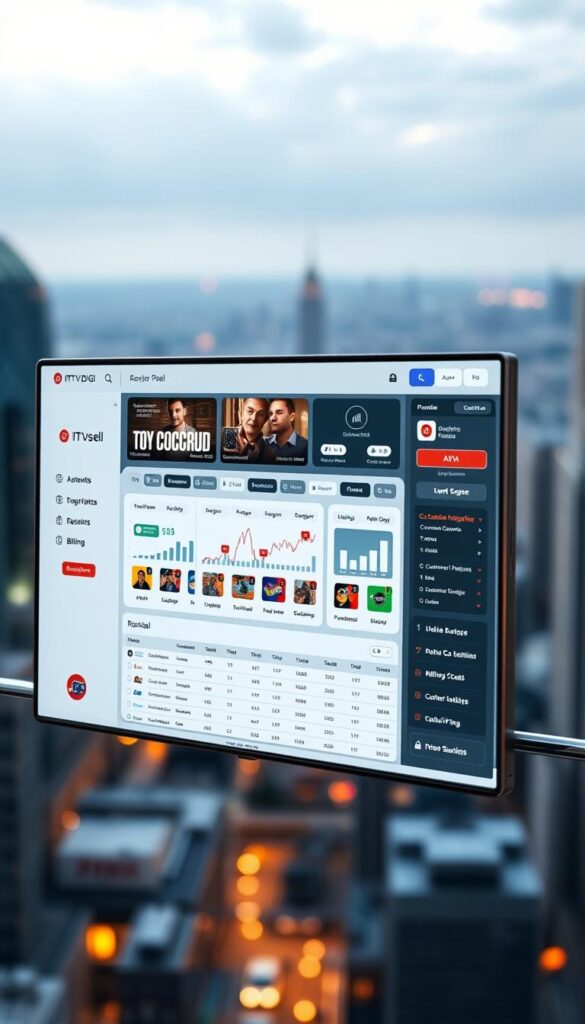 A sleek and modern IPTVDIGI reseller panel interface, with a clean, intuitive dashboard displaying real-time analytics, subscription management tools, and a comprehensive channel lineup. The panel is bathed in a soft, warm lighting, creating a professional and trustworthy atmosphere. The layout is well-organized, with clear sections for customer accounts, billing, and reseller settings. In the background, a blurred cityscape suggests the global reach and scale of the IPTV reselling business. The overall impression is one of a powerful, yet user-friendly platform that empowers IPTV resellers to succeed in the booming market.