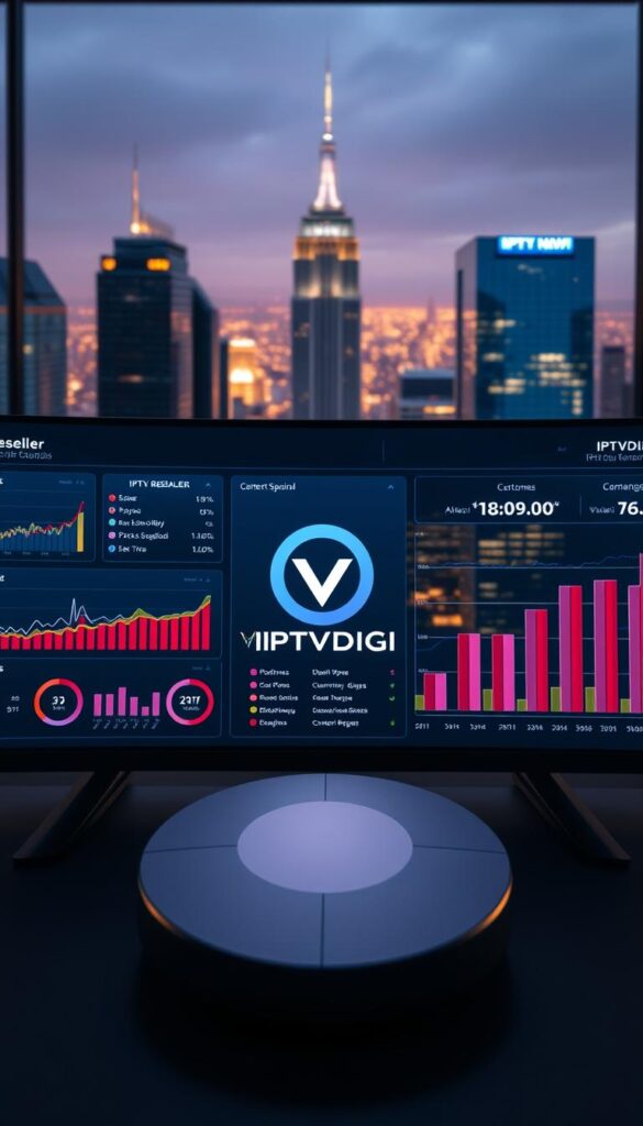 A sleek and modern business dashboard displaying key metrics for an IPTV reseller operation. In the foreground, a sophisticated interface showcases real-time sales data, customer analytics, and content management tools. The middle ground features the IPTVDIGI brand logo, prominent and polished, conveying a sense of professionalism and authority. In the background, a cityscape scene with towering skyscrapers and a vibrant nighttime skyline, hinting at the global reach and scale of the IPTV reseller enterprise. Subtle lighting casts a warm, inviting glow, creating an atmosphere of success and innovation.