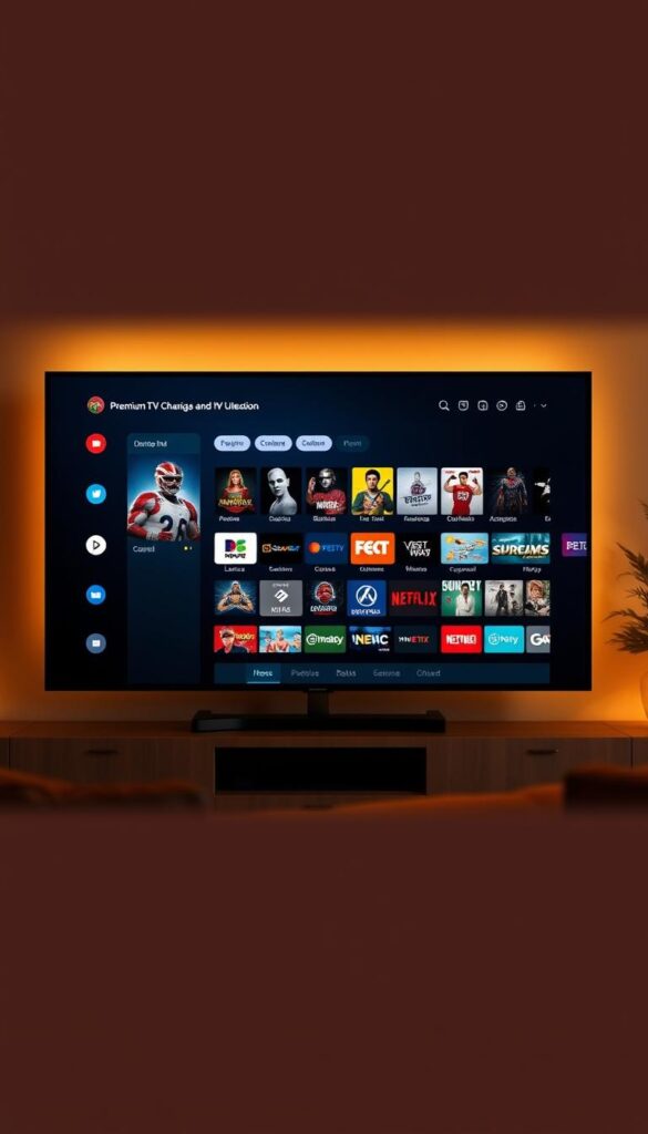 A sleek and modern content library interface for IPTVDIGI, a leading IPTV service provider. In the foreground, a large screen displays a curated selection of premium TV channels, movies, and on-demand content. The interface features a clean, minimalist design with intuitive navigation controls. In the middle ground, stylized icons and category menus allow users to easily browse and discover new content. The background showcases a subtle gradient, adding depth and sophistication to the overall scene. Warm lighting creates a cozy, inviting atmosphere, highlighting the high-quality, diverse media library IPTVDIGI offers to its resellers and end-users.