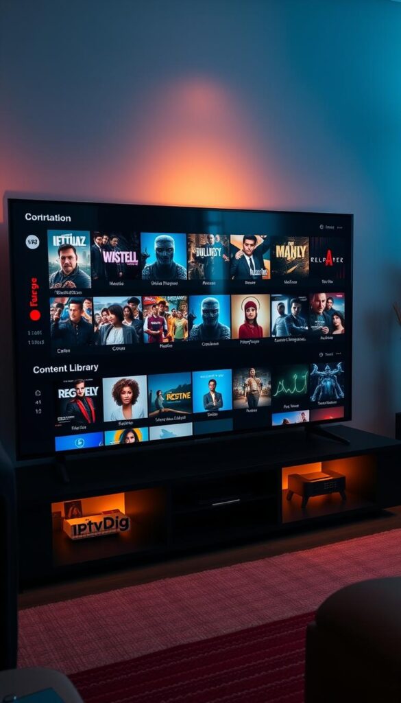 A sleek and modern content library interface for the IPTVDIGI brand, featuring a clean, minimalist design with a focus on high-quality digital media. The layout showcases a grid of thumbnails representing a diverse range of on-demand content, such as movies, TV shows, and live channels. Subtle lighting casts a warm, inviting glow, drawing the viewer's attention to the vibrant, high-definition imagery. The overall atmosphere exudes a sense of professionalism and reliability, reflecting IPTVDIGI's reputation as a leading IPTV provider. The scene is captured from a slightly elevated angle, providing a comprehensive view of the intuitive and user-friendly interface.