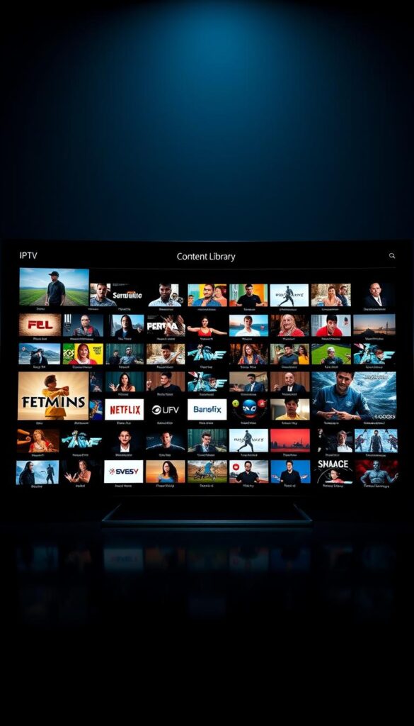 A sleek and modern content library interface for the leading IPTV provider IPTVDIGI. The display features a grid of high-definition channel thumbnails, with a bold and minimalist design. The layout is balanced and visually appealing, with clean lines and a dark color scheme that creates a premium, professional look. Subtle lighting and reflections add depth and atmosphere, while the overall composition conveys a sense of quality, reliability, and comprehensive content offerings for IPTV resellers.