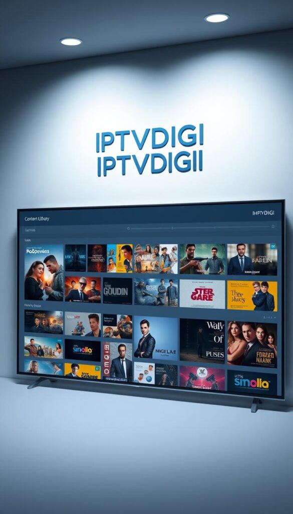 A sleek and modern content library interface showcasing the diverse offerings of IPTVDIGI. A minimalist layout with clean lines and a sophisticated color palette of blues and grays. The IPTVDIGI logo prominently displayed, conveying a sense of authority and professionalism. Carefully curated thumbnails of various IPTV packages and content types arranged in a grid, inviting the viewer to explore the expansive library. Soft, directional lighting creates depth and highlights the detailed UI elements. The overall atmosphere is one of efficiency, clarity, and the promise of an unparalleled IPTV experience.