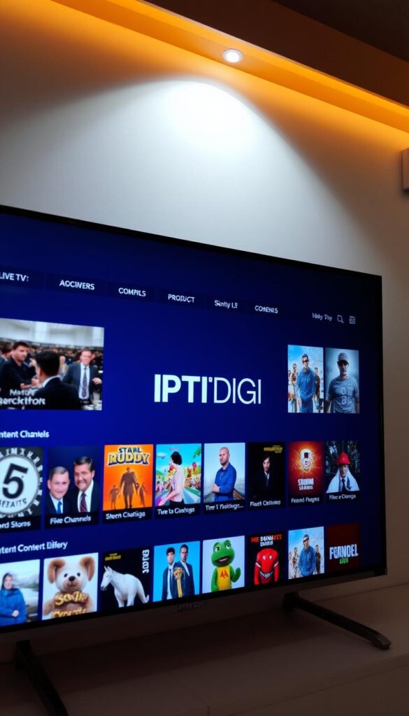 A sleek and modern content library interface showcasing the extensive IPTVDIGI service offerings. The screen displays a clean, grid-based layout with high-resolution thumbnails of various live TV channels, on-demand movies, and other multimedia content. The IPTVDIGI logo is prominently featured, conveying a sense of professionalism and reliability. Subtle lighting from above casts a warm, inviting glow across the interface, creating a visually appealing and user-friendly experience. The overall atmosphere suggests a comprehensive, well-curated digital content platform tailored for discerning IPTV resellers.