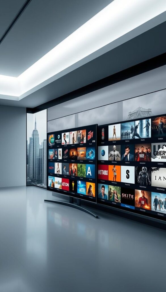 A sleek and modern content library showcasing the diverse range of IPTV channels and on-demand content offered by IPTVDIGI. The library is presented in a minimalist, high-contrast design with clean lines and a sophisticated color palette. The foreground features a large, central display showcasing various program thumbnails, while the background depicts a subtle, blurred cityscape, suggesting the global reach and comprehensive nature of the IPTVDIGI service. The lighting is soft and diffused, creating a sense of depth and emphasizing the visual clarity of the content. The overall composition conveys a sense of professionalism, reliability, and the breadth of IPTVDIGI's content library, making it an attractive option for prospective IPTV resellers.