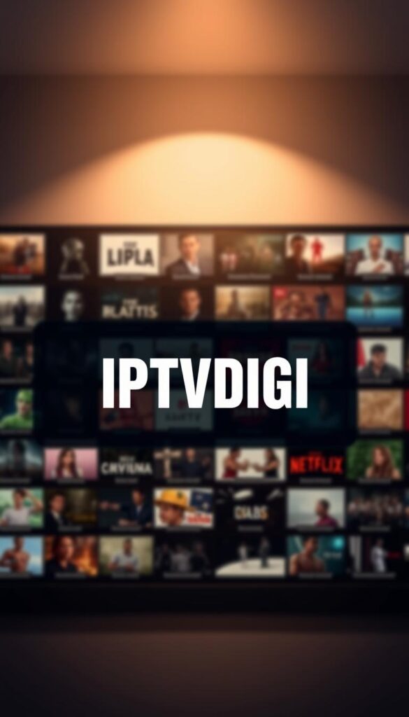 A sleek and modern content library showcasing the extensive IPTVDIGI service offerings. The foreground features a minimalist display of various video content thumbnails, arranged in a grid-like pattern, hinting at the breadth of entertainment options available. The middle ground showcases the prominent IPTVDIGI branding, rendered in a bold, clean typography that commands attention. The background features a subtle gradient, adding depth and a sense of premium quality to the overall composition. Soft, directional lighting casts a warm, inviting glow, creating a visually appealing and professional aesthetic that reflects the reliable and high-quality IPTV services provided by IPTVDIGI.