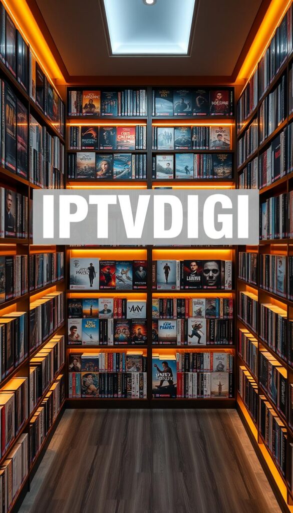 A sleek and modern content library showcasing the extensive collection of IPTVDIGI, a leading IPTV service provider. The library's shelves are filled with a diverse array of channels, movies, and TV shows, their covers arranged in a visually striking grid. Warm lighting casts a soft glow, creating an inviting and premium atmosphere. The IPTVDIGI logo is prominently displayed, its minimalist design exuding a sense of professionalism and reliability. The overall scene conveys the vast and high-quality content available through IPTVDIGI, enticing viewers to explore and discover the platform's offerings.