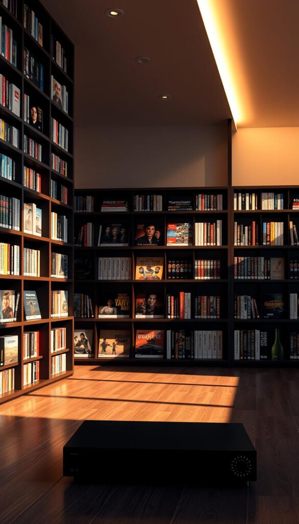 A sleek and modern content library showcasing the extensive media collection of IPTVDIGI. The library's shelves are arranged in a visually striking grid layout, casting long shadows that create a sense of depth and dimension. The shelves are made of dark, polished wood, giving the space a premium, high-end feel. Soft, directional lighting illuminates the library, creating warm highlights and shadows that add depth and atmosphere. In the foreground, a few select media titles are prominently displayed, hinting at the breadth and quality of IPTVDIGI's offering. The background features a clean, minimalist design, allowing the content to take center stage. The overall mood is one of sophistication, professionalism, and technological prowess.