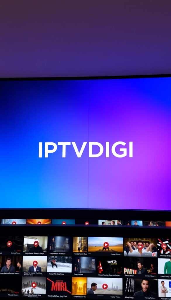 A sleek and modern content library showcasing the extensive offerings of IPTVDIGI. The foreground features rows of high-definition video thumbnails, each with a crisp, vivid display and a minimalist design. The middle ground showcases the IPTVDIGI brand name prominently, rendered in a bold, clean typeface that conveys a sense of professionalism and reliability. The background is a sophisticated gradient, transitioning seamlessly from a deep, rich blue to a lighter, more vibrant hue, creating a sense of depth and sophistication. The lighting is soft and diffused, casting a warm, inviting glow over the entire scene. The overall composition is sleek, modern, and visually striking, reflecting the quality and breadth of IPTVDIGI's content library.