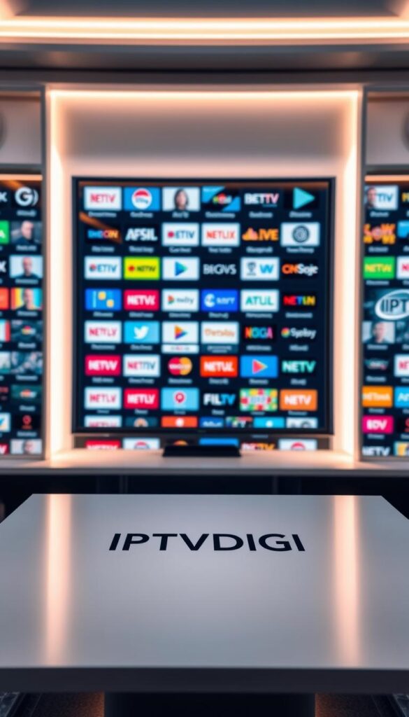 A sleek and modern content library showcasing the vast array of IPTV channels and on-demand content offered by IPTVDIGI. The library's elegant interface is bathed in a soft, warm lighting, creating a welcoming and professional atmosphere. In the foreground, a minimalist display showcases the IPTVDIGI logo prominently, reflecting the brand's commitment to quality and reliability. The middle ground features a grid of colorful channel logos, conveying the breadth and diversity of the IPTV service. In the background, a subtle gradient adds depth and dimension, complementing the clean, sophisticated design. The overall image communicates the power and sophistication of the IPTVDIGI content library, positioning it as the premier IPTV reseller panel for businesses.
