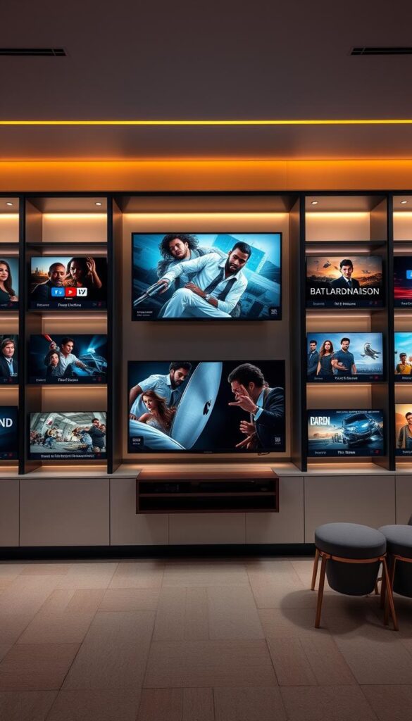 A sleek and modern digital content library showcasing the vast selection of live TV channels, on-demand movies, and TV shows offered by the premier IPTV provider IPTVDIGI. The library's elegant interface features high-resolution thumbnails and intuitive navigation, inviting users to effortlessly browse and discover the content. Warm lighting creates a welcoming atmosphere, while a neutral color palette and clean lines convey a sense of professionalism and reliability. The layout is designed to highlight IPTVDIGI's comprehensive content library, emphasizing the breadth and quality of the service for potential resellers.